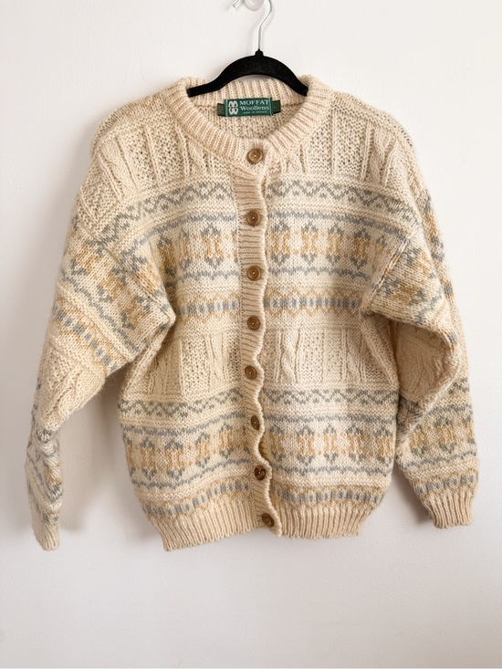 Moffatt wollens Sweaters - Moffat Woolens Virgin Wool Fair Isle Button-Up Cardigan - Cream & Pale Blue